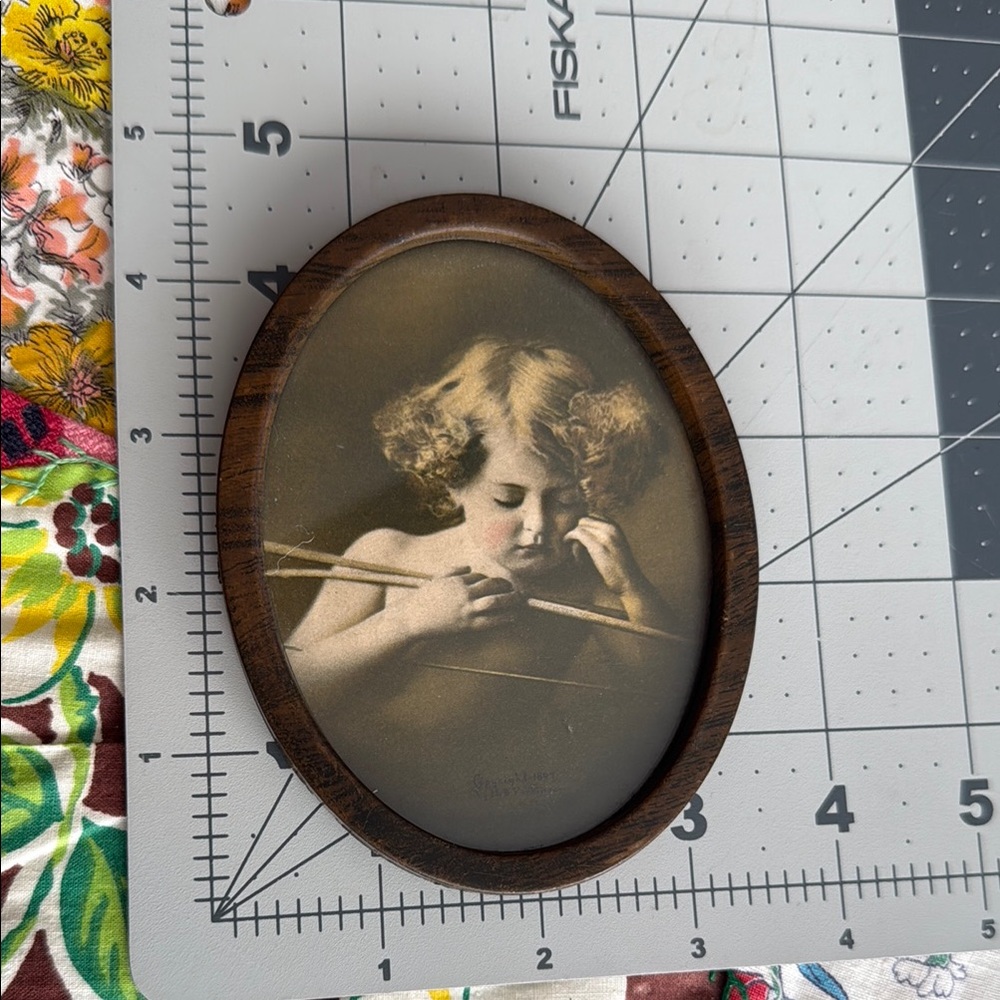 Antique 1897 Oval Framed Print – Child with Violin Bow | J.B. Denver Co. | Victo